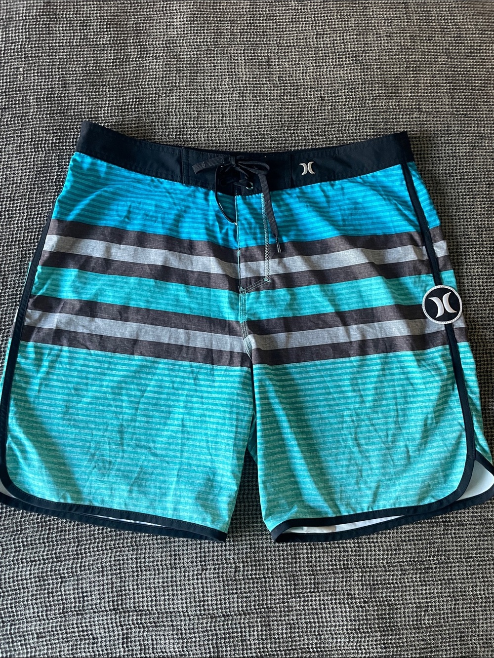 Hurley Phantom Teal and Black Striped Men’s Board-shorts 33
